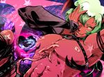  1boy abs androgynous collar demon demon_boy genderswap green_hair long_gloves male male_focus muscle nipples panty_&amp;_stocking_with_garterbelt red_skin scanty scanty_(psg) tongue wink yellow_eyes 