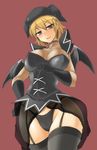  black_gloves black_legwear black_panties blonde_hair breasts brown_eyes choker cleavage corset curvy demon_wings elbow_gloves garter_straps gloves hand_on_own_head hat highres large_breasts looking_down mabinogi momio panties see-through short_hair simple_background solo succubus_(mabinogi) thighhighs underwear wide_hips wings yellow_eyes 