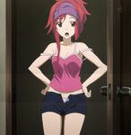  bare_shoulders bike_shorts breasts brown_eyes cleavage female gotanda_ran hands_on_hips indoors infinite_stratos open_fly open_mouth open_pants panties pink_panties red_hair solo stitch stitched teeth thighs tongue unbuttoned underwear undone unzipped 