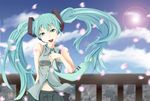  aqua_eyes aqua_hair hatsune_miku headset long_hair navel necktie oimari open_mouth petals skirt solo twintails very_long_hair vocaloid 