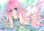  bent_over blue_eyes breasts color_ink_(medium) colored_eyelashes downblouse dress eyelashes flower hair_flower hair_ornament lily_pad long_hair original pink_hair see-through shinonome86 small_breasts solo strap_slip traditional_media wading water wet wet_clothes 