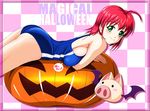  alice_wishheart breasts checkered checkered_background copyright_name fang green_eyes head jack-o'-lantern large_breasts lying magical_halloween on_stomach one-piece_swimsuit pig pumpkin red_hair school_swimsuit shopyun short_hair solo swimsuit 