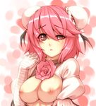  :&lt; arm_wrap bandages breasts breasts_outside bun_cover chinese_clothes cuffs double_bun ibaraki_kasen medium_breasts nipples no_bra pink_hair short_hair solo touhou tro upper_body 