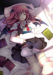  bad_id bad_pixiv_id bat_wings bed bloomers book closed_eyes curtains fangs head_wings highres koakuma long_hair lying masaru.jp on_back pillow red_hair romaji saliva sleeping solo touhou underwear wings 