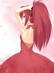  adjusting_hair armpits arms_up back backless_dress backless_outfit dress food hair_ribbon kuro_(be_ok) long_hair looking_back mahou_shoujo_madoka_magica mouth_hold pocky ponytail red_eyes red_hair ribbon sakura_kyouko solo 