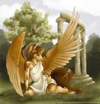  alicorn apple apple_tree breasts brown_hair classical column dress equine female fruit grass greek hair hooves horn horse kneeling long_hair mammal outside pegasus pillar pyro_blaze_jaguar pyroblazejaguar ruins scenery short_hair solo tree tunic unicorn winged_unicorn wings wood 