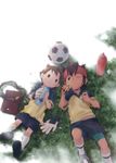  bad_id bad_pixiv_id bag bottle brown_eyes brown_hair crossover endou_mamoru gloves grass headband inazuma_eleven inazuma_eleven_(series) kai_(charcoal) lowres luke_triton lying multiple_boys professor_layton short_hair soccer_uniform sportswear water_bottle 