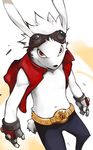  belt fingerless_gloves goggles king_kazuma lagomorph looking_at_viewer male open_shirt rabbit red_eyes solo summer_wars vu06 