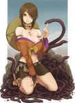  ayako_(sizukani) bad_id bad_pixiv_id bare_shoulders breasts brown_eyes brown_hair cleavage eyepatch hair_over_one_eye hat kneeling large_breasts legs midriff navel original skirt smile snake solo 