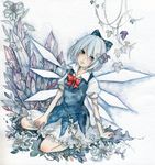  bad_id bad_pixiv_id cirno expressionless flower ice lily_(flower) looking_at_viewer pinkxxxna plant sitting solo touhou traditional_media vines 