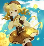  bad_id bad_pixiv_id beret blonde_hair breasts corset detached_sleeves drill_hair fingerless_gloves flower gloves hat magical_girl mahou_shoujo_madoka_magica minehow petals pleated_skirt puffy_sleeves rose skirt small_breasts smile solo tears thighhighs tomoe_mami yellow_eyes yellow_flower yellow_rose 