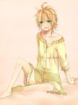  1boy ahoge annoyed barefoot blonde_hair blue_eyes blush crossdress crossdressing kagamine_len male male_focus off_shoulder open_mouth short_hair simple_background solo vocaloid 