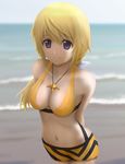  arms_behind_back beach bikini blonde_hair blurry blush breasts charlotte_dunois cleavage covered_nipples day highres infinite_stratos jewelry long_hair medium_breasts navel ocean outdoors pendant ponytail purple_eyes shiny shiny_skin short_hair siraha smile solo standing swimsuit water 