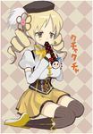  argyle argyle_background beret blonde_hair boots charlotte_(madoka_magica) d: drill_hair fingerless_gloves gloves hair_ornament hasesese hat magical_girl mahou_shoujo_madoka_magica open_mouth puffy_sleeves role_reversal thighhighs tomoe_mami twintails yellow_eyes 