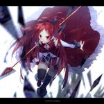  blurry depth_of_field food hair_ribbon hiramatsu_(rama) letterboxed mahou_shoujo_madoka_magica motion_blur mouth_hold pocky polearm ponytail red_eyes red_hair ribbon sakura_kyouko solo spear thighhighs weapon 