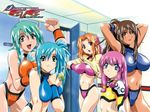  5girls android blue_eyes blue_hair breasts brown-hair brown_hair dark_skin divergence_eve green_hair huge_breasts kiri_marialate kotoko_01 kureha_misaki luxandra_frail midriff multiple_girls official_art orange_hair pink_hair suzanna_bluestein 