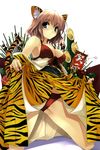  2010 absurdres animal_ears animal_print aqua_eyes armpits bamboo bikini black_nails blush breasts brown_hair cleavage dress dress_lift highres japanese_clothes kadomatsu kimono kneeling large_breasts misaki_kurehito nail_polish new_year obi off_shoulder original red_bikini sash short_hair solo swimsuit tail tiger_ears tiger_print tiger_tail 