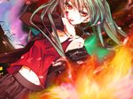  bad_id bad_pixiv_id earrings fire green_hair hatsune_miku jewelry long_hair navel necklace pyrokinesis red_eyes solo tsukasa_kinako vocaloid 