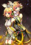  1girl absurdres arm_warmers bad_id bad_pixiv_id blonde_hair blue_eyes brother_and_sister detached_sleeves hair_ornament hair_ribbon hairclip headphones highres kagamine_len kagamine_len_(append) kagamine_rin kagamine_rin_(append) mirai_denki navel ribbon short_hair shorts siblings smile twins vocaloid vocaloid_append 
