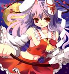  animal_ears ascot bad_id bad_pixiv_id branch bunny_ears cosplay detached_sleeves full_moon gohei hakurei_reimu hakurei_reimu_(cosplay) hazakura_satsuki long_hair midriff moon no_bra purple_hair red_eyes reisen_udongein_inaba skirt solo touhou 