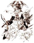  4boys core_drill crossed_arms dai-gurren enkidu gurren-lagann kamina kittan lazengann leite_jokin mecha monochrome multiple_boys multiple_girls nia_teppelin simon tengen_toppa_gurren_lagann tomotsuka_haruomi yoko_littner 