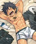  1boy abs arms_behind_head bed_sheet belt bulge clothed_erection clothes_on_floor ebitendon eyes_closed fairy_tail fur_collar gray_fullbuster jewelry lying male muscle necklace nipples on_back open_mouth pecs pixiv_thumbnail resized saliva sleeping solo tattoo topless torakichi_(ebitendon) underwear 