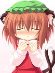  animal_ears blush cat_ears cat_tail chen closed_eyes dress ear_piercing earrings hands_on_own_chest hat incoming_kiss jewelry multiple_tails nekomata piercing red_dress solo tail touhou upper_body yokuran 