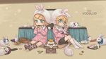  1girl 2011 animal animal_ears animalization aqua_eyes bad_id bad_pixiv_id blonde_hair blush brother_and_sister bunny bunny_ears child clothed_animal eating food formalin gumi hair_ornament hairclip hat hatsune_miku kagamine_len kagamine_rin kaito kamui_gakupo lily_(vocaloid) sf-a2_miki short_hair shorts siblings sitting socks striped striped_legwear sweater twins vocaloid white_legwear younger 