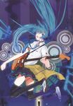  black_legwear blue_eyes blue_hair electric_guitar fuyuno_haruaki guitar hair_ornament hatsune_miku headphones highres instrument jumping long_hair looking_back necktie open_mouth school_uniform shoes skirt sneakers solo thighhighs twintails very_long_hair vocaloid 