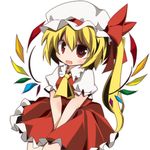  ascot blonde_hair fang flandre_scarlet hat lowres red_eyes side_ponytail solo tomatomato_(tomato_kanzume) touhou v_arms wings 