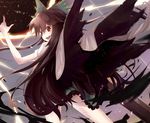  arm_cannon brown_eyes brown_hair cape from_behind large_wings long_hair looking_back open_mouth pointing reiuji_utsuho solo taicho128 touhou very_long_hair weapon wings 