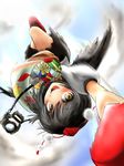  :d arm_up black_hair black_wings blush camera day flying gift giving hat highres looking_at_viewer motion_blur open_mouth outstretched_arm scarf shameimaru_aya short_hair sky smile solo tamasan tokin_hat touhou upside-down wings yellow_eyes 