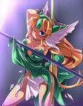  blonde_hair blue_eyes bow breasts cleavage clenched_teeth hair_bow helmet katami_shinta long_hair low-tied_long_hair medium_breasts navel one_eye_closed riesz seiken_densetsu seiken_densetsu_3 solo teeth torn_clothes winged_helmet 