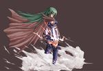  amder aruka_schild bad_id bad_pixiv_id cape fire green_hair long_hair looking_back needless solo yellow_eyes 