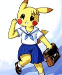  briefcase brown_eyes ear_markings face_markings female g-sun pikachu pok&eacute;mon pok&eacute;morph school_uniform schoolgirl schoolgirl_uniform solo standing tail tail_markings yellow 