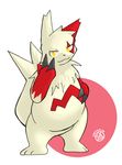  feral looking_at_viewer male markings nintendo nisemono plain_background pok&#233;mon pok&eacute;mon red_markings solo video_games white_background white_fur yellow_eyes zangoose 