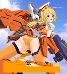  ass blonde_hair bodysuit cameltoe charlotte_dunois cloud day from_behind infinite_stratos leotard long_hair looking_back mecha_musume orange_leotard pilot_suit ponytail purple_eyes rafale_revive_custom_ii sky solo thighhighs xanadu 