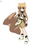  blonde_hair cape fingerless_gloves full_body gloves green_eyes lyrical_nanoha mahou_shoujo_lyrical_nanoha mahou_shoujo_lyrical_nanoha_a's mahou_shoujo_lyrical_nanoha_a's_portable:_the_battle_of_aces male_focus official_art shorts solo yuuno_scrya 