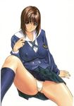  blue_legwear breasts brown_eyes brown_hair chichinoe_plus collarbone inoue_takuya large_breasts long_sleeves panties pantyshot school_uniform skirt socks solo underwear 