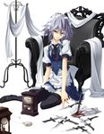  bad_id bad_pixiv_id blood blue_eyes braid izayoi_sakuya knife maid maid_headdress matsuyama_nozomu short_hair silver_hair solo thighhighs touhou twin_braids 