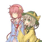  :d ^_^ arm_hug closed_eyes green_eyes green_hair hat komeiji_koishi komeiji_satori multiple_girls natsuk open_mouth pink_hair short_hair siblings sisters smile sun_hat third_eye touhou 