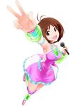  antenna_hair arm_up armpits bare_shoulders brown_eyes brown_hair cosmic_&amp;_funny_(idolmaster) foreshortening hidaka_ai idolmaster idolmaster_dearly_stars issei microphone open_mouth short_hair smile solo v 