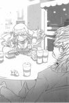  1girl accelerator alcohol blush can chair cup curtains drunk greyscale haimura_kiyotaka highres index indoors long_hair monochrome non-web_source official_art shaded_face soda_can table to_aru_majutsu_no_index upper_body very_long_hair window 