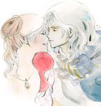  1boy 1girl armor blonde_hair cecil_harvey couple eyes_closed female final_fantasy final_fantasy_iv hair_bun jewelry kiss long_hair male pendant rosa_farrell silver_hair yama-biko yamabikobeny 