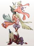  3boys balancing bamboo blonde_hair geta hakama japanese_clothes kaguya_(ookami) kuro_(ookami) long_hair multiple_boys ookami_(game) sugawara_michizane tengu-geta ushiwakamaru yatuzura 