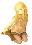  arm_support blonde_hair blue_eyes boots coat earrings full_body fullmetal_alchemist highres jewelry kazi long_hair pantyhose ponytail scarf simple_background sitting skirt smile solo winry_rockbell winter_clothes 