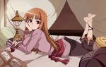  barefoot bed blasphemy blush brown_hair feet holo horo ookami orange_hair personification photoshop pillow red_eyes soles spice_and_wolf 
