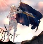  bad_id bad_pixiv_id blonde_hair blue_eyes boots damaged flag hat hatsuko highres knee_boots macross macross_frontier macross_frontier:_sayonara_no_tsubasa mayan military military_uniform protoculture ruins sheryl_nome solo torn_clothes uniform 