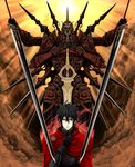  absurdres armor black_hair cloak cloud gloves highres kooten_bergh_no_youhei lucas_(pixiv_fantasia) male_focus pixiv_fantasia pixiv_fantasia_5 red_eyes solo sun sword weapon 