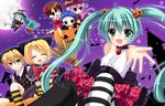  bat blonde_hair hachune_miku halloween hat hatsune_miku kagamine_len kagamine_rin kaito megurine_luka meiko moon thighhighs twintails vocaloid witch 